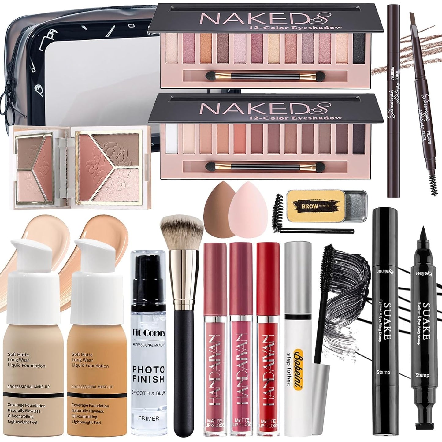 All in One Makeup Set Kit for Women Full Kit, Makeup Gift for Women Teen Girl, Naked Eyeshadow Foundation Face Primer Brush 3 in 1 Palette Lip Gloss, Eyebrow Soap Mascara Eyeliner cosmetic bag