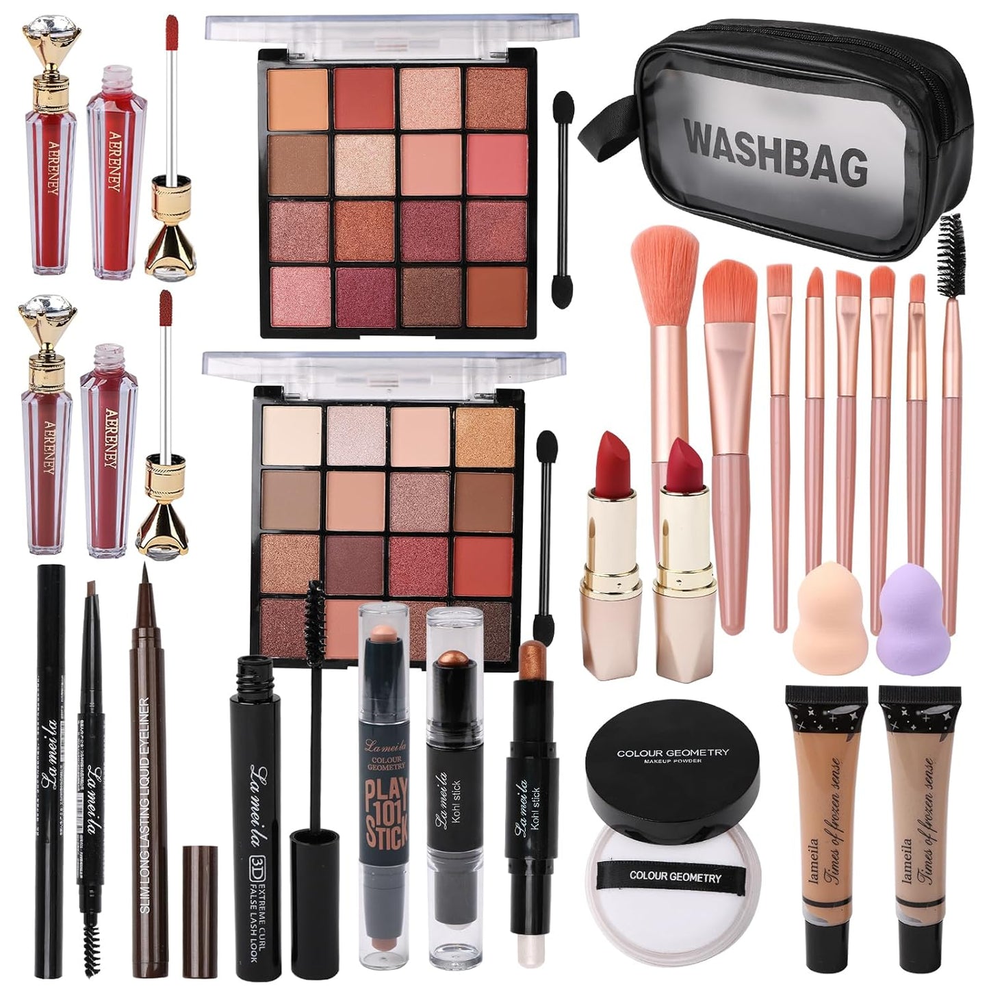 All in One Makeup Kit For Women Girls Teens 2x16 Colors Eyeshadow Palette Liquid Foundation Eyeliner Pencils Contouring Stick Lip Gloss Eyebrow Pencils Mascara Powder Puff Makeup Brushes Makeup sets