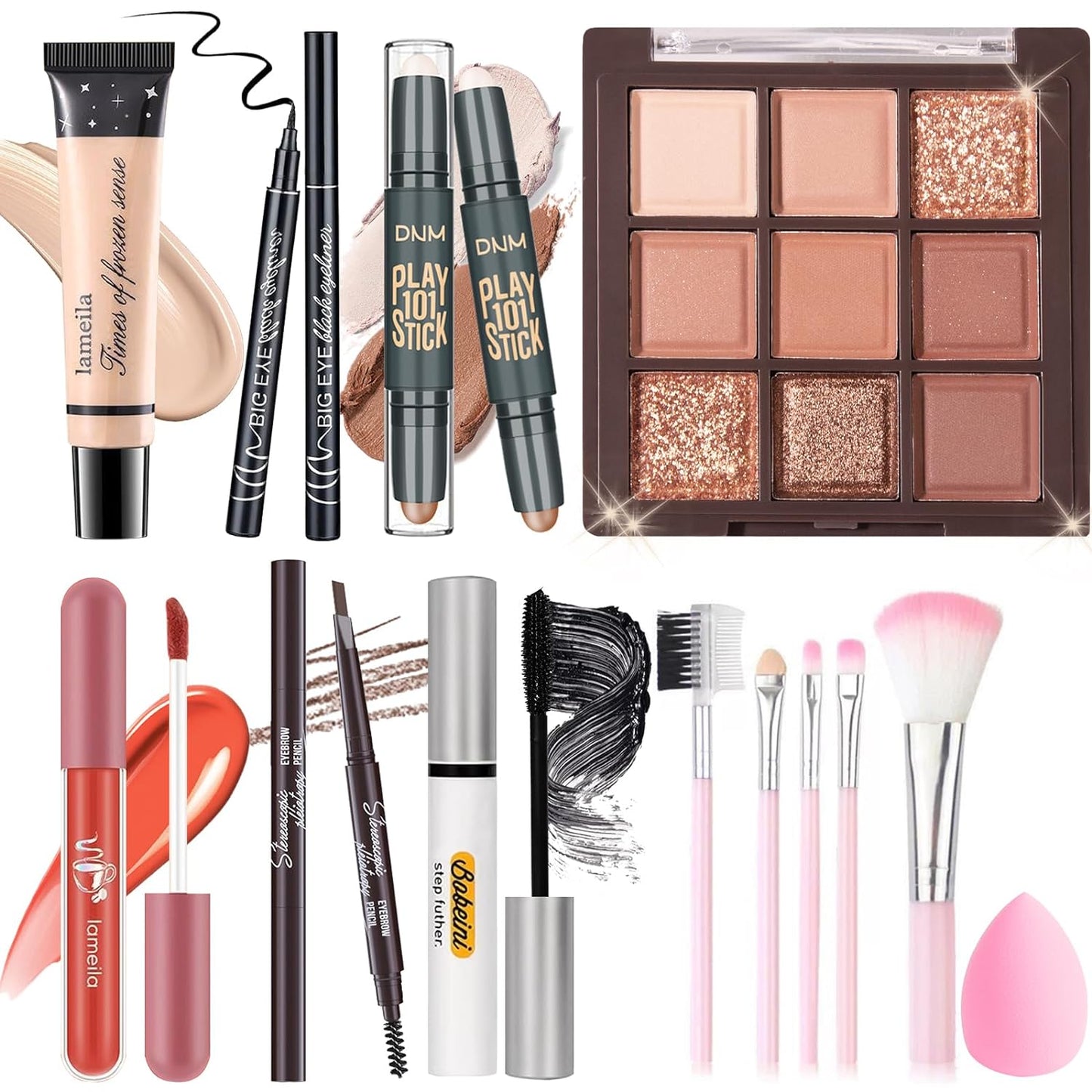 All in One Makeup Set Kit for Women Girls Teens, Makeup Gift Set, Includes 9 Color Eyeshadow, Counter Stick, Foundation, Eyebrow Pencil, Eyeliner, Mascara, Lip Gloss, 5Pcs Brushes, Sponge