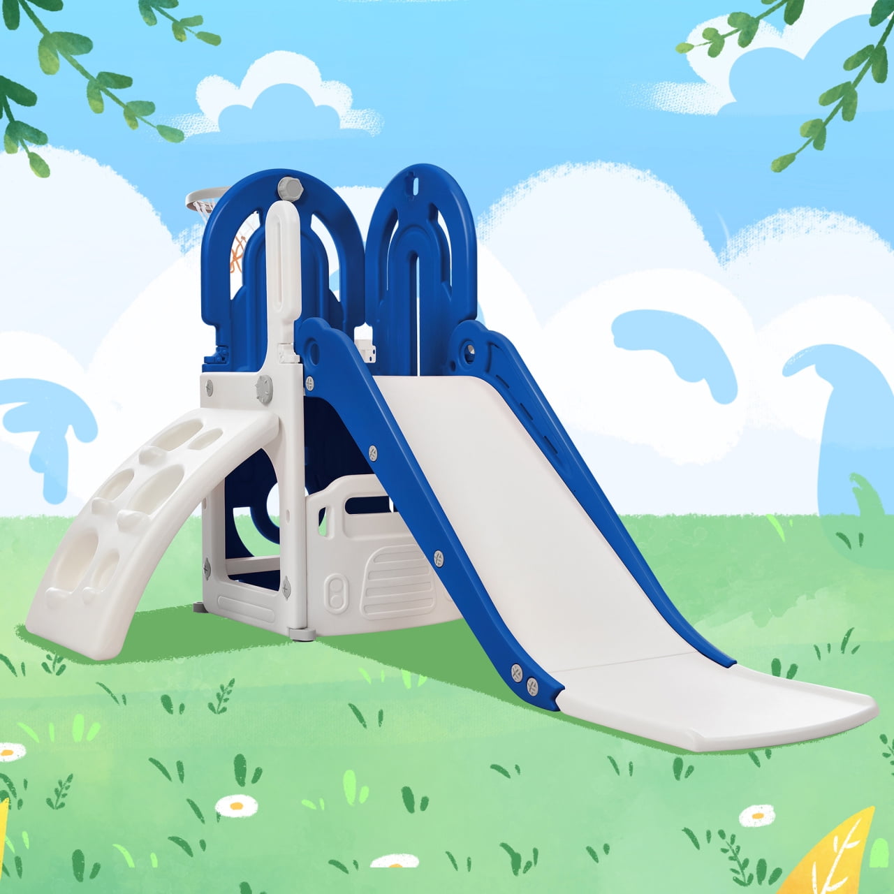 4 in 1 Toddler Slide Set for Toddler Age 1+, Indoor and Outdoor Playground with Basketball Hook, Climbing Ramp & Hidden Storage Space,?Playground Freestanding Slide Combination, Blue