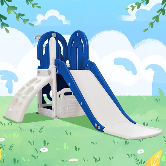 4 in 1 Toddler Slide Set for Toddler Age 1+, Indoor and Outdoor Playground with Basketball Hook, Climbing Ramp & Hidden Storage Space,?Playground Freestanding Slide Combination, Blue