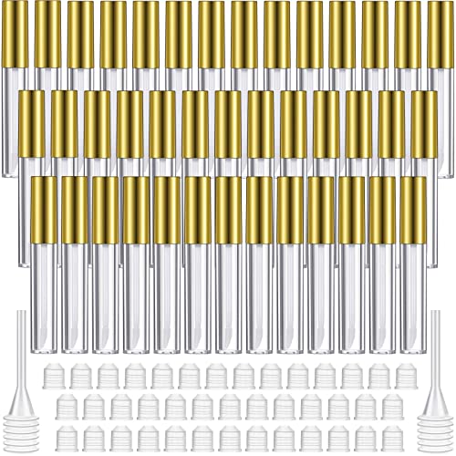 40 Pieces Empty Lip Gloss Tubes Containers Clear Lip Balm Bottle with Rubber Stopper and 2 Pieces Funnels for Women Girls DIY Makeup Lip Samples (Gold,10 ml) (10 ml, Gold)