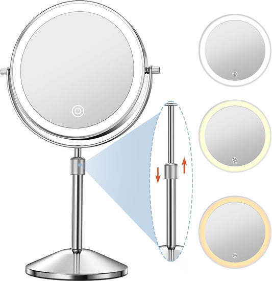 Vanity Mirror with Lights 7" Rechargeable 1x/10x Lighted Makeup Mirror Adjustable Height Double Sided Mirror with Lights 360°Rotating Makeup Mirror