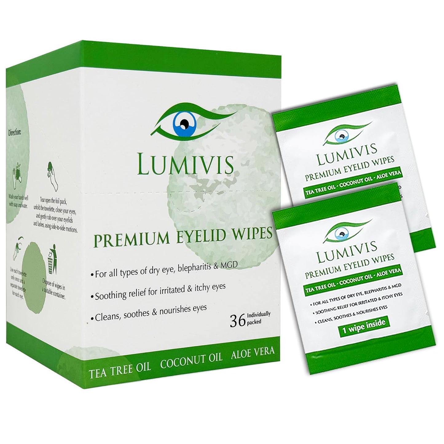 Eyelid & Eyelash Wipes with Tea Tree Oil 36 Pcs - Daily Eye Cleanser for Blepharitis, Itchy, Stye Eyes - Individually Wrapped, Natural Makeup Remover