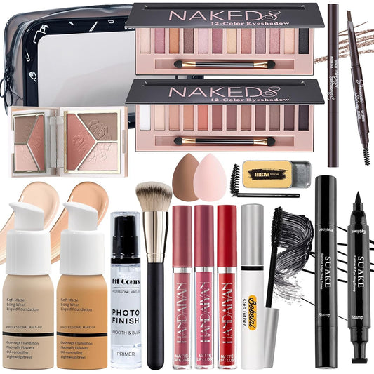 All in One Makeup Set Kit for Women Full Kit, Makeup Gift for Women Teen Girl, Naked Eyeshadow Foundation Face Primer Brush 3 in 1 Palette Lip Gloss, Eyebrow Soap Mascara Eyeliner cosmetic bag