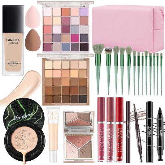 YBUETE Makeup Set, All in One Makeup Set for Women Full Kit, Eyeshadow Palette, Foundation Concealer CC Cream 3 in 1 Palette, Liquid Lipstick Eyebrow Pencil Eyeliner, Makeup Brush Sponges Makeup Bag