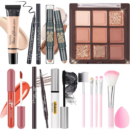 All in One Makeup Set Kit for Women Girls Teens, Makeup Gift Set, Includes 9 Color Eyeshadow, Counter Stick, Foundation, Eyebrow Pencil, Eyeliner, Mascara, Lip Gloss, 5Pcs Brushes, Sponge